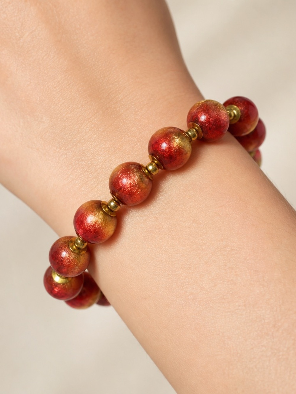 Rare Murano Glass Ombré Red-Orange Beaded Bracelet, Gold-Tone, Made in Italy - Picture 3 of 12